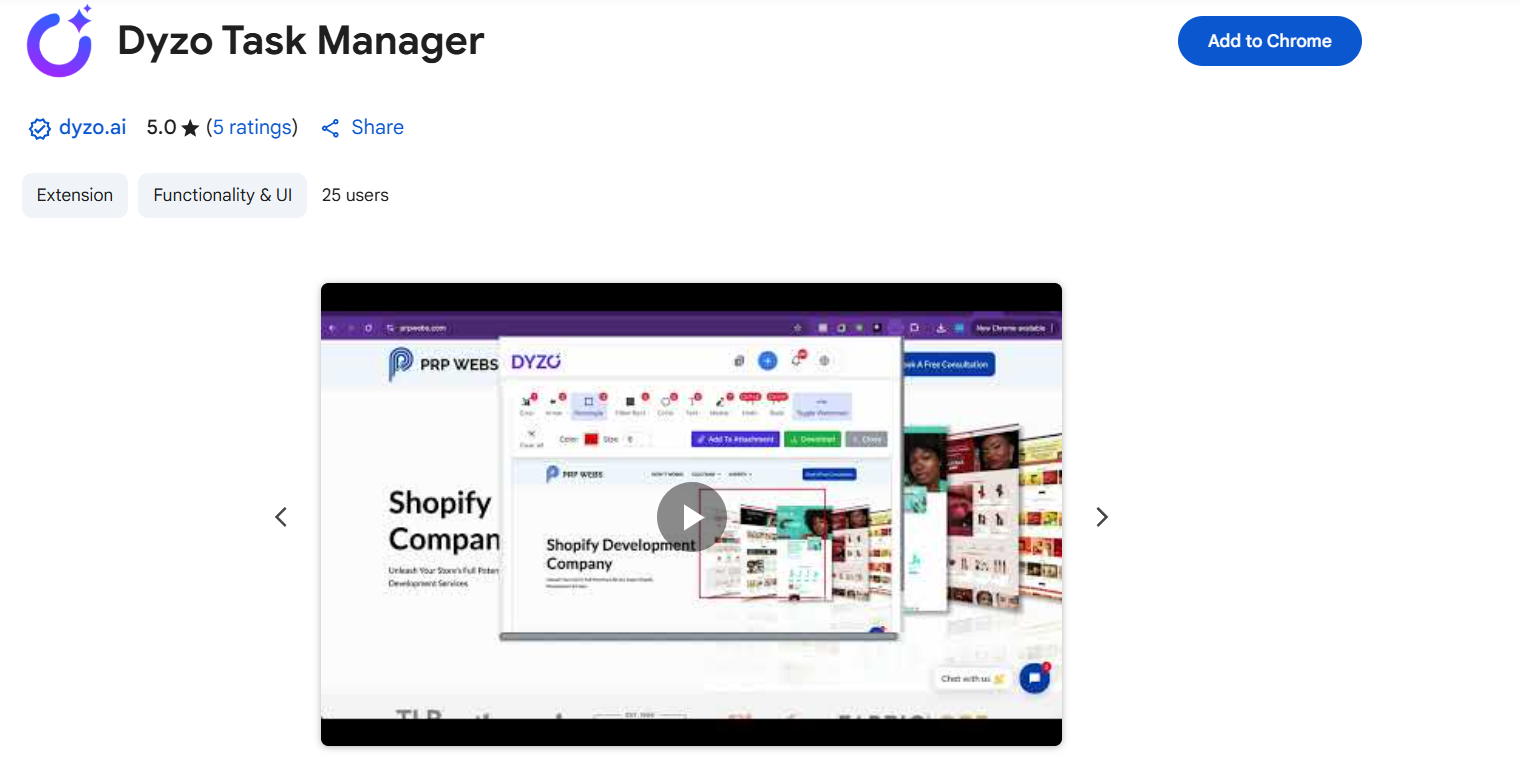 Dyzo Task Manager Chrome Extension page showing how to create and manage tasks from any browser tab.