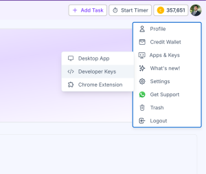 Profile menu showing how to click developer keys
