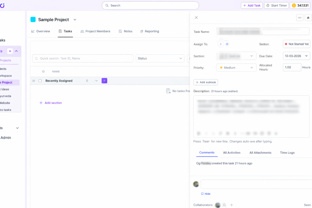 Sample Project with Tasks Drawer visible