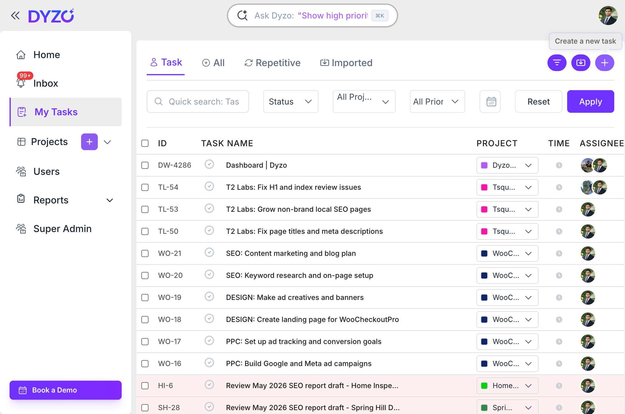 Click the plus icon to add a new task in Dyzo