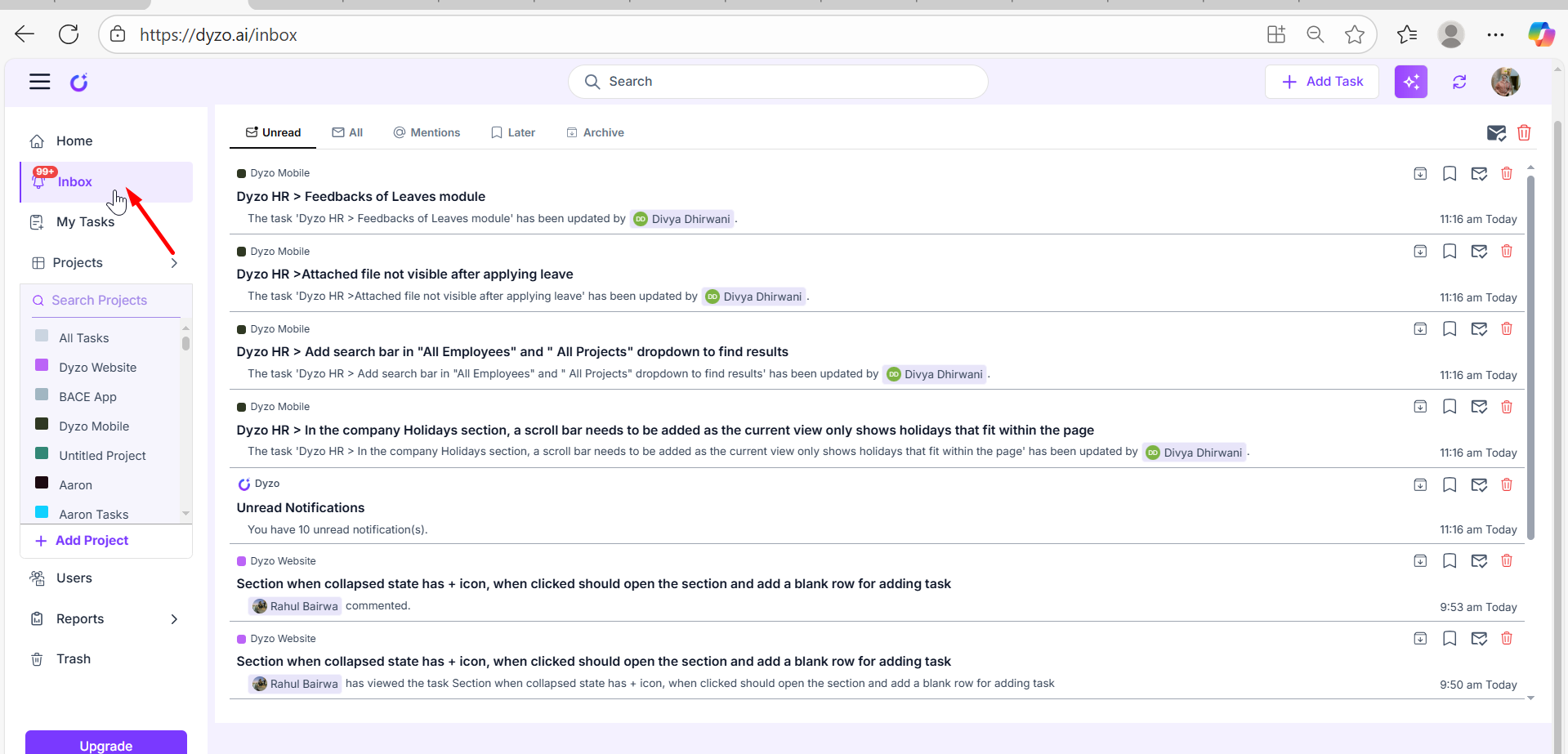 Dyzo Inbox displaying live task updates, mentions, and project notifications to keep teams aligned in real time.