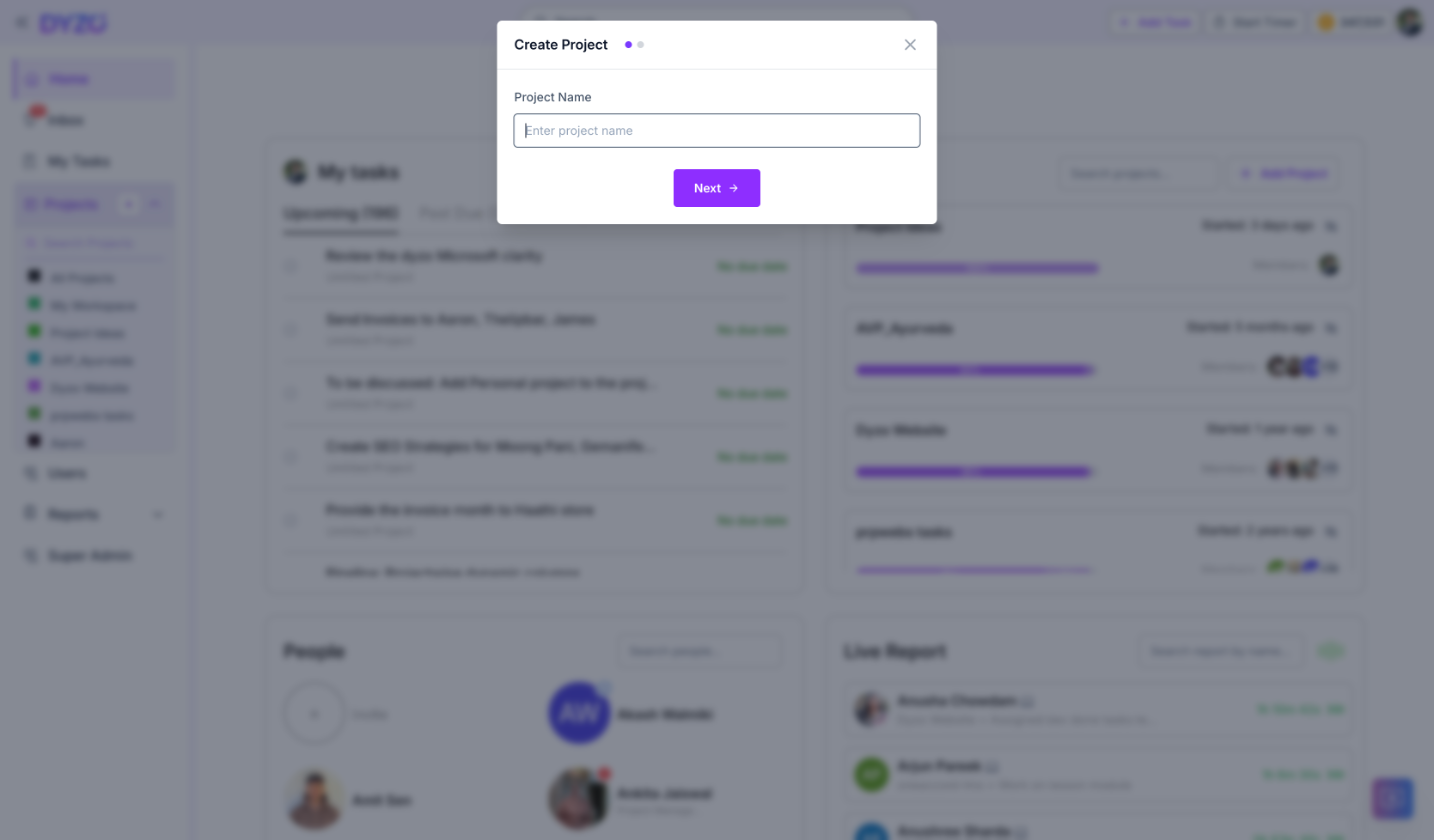 Create Project modal with project name field