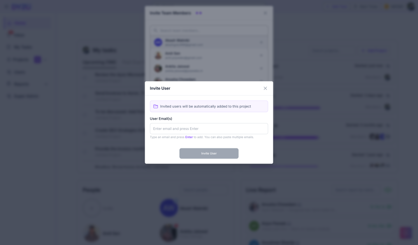 Invite User modal showing email input field for outside members
