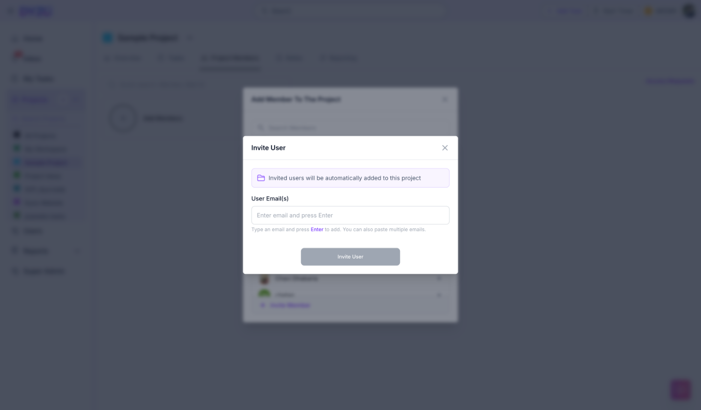 Invite User modal accessed from within an existing project